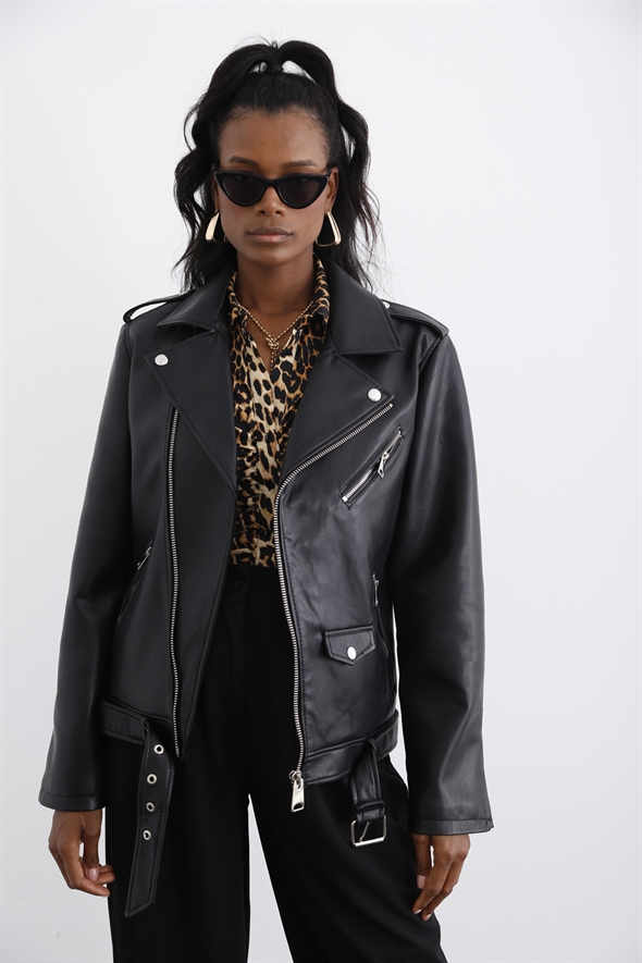 Siyah Deri Biker Ceket N142