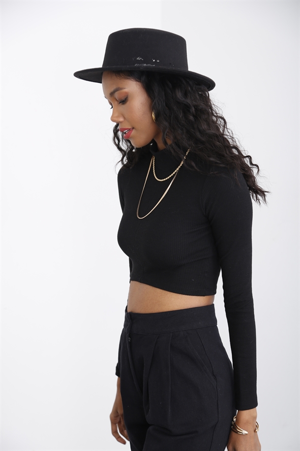Siyah Dik Yaka Crop Bluz 3980