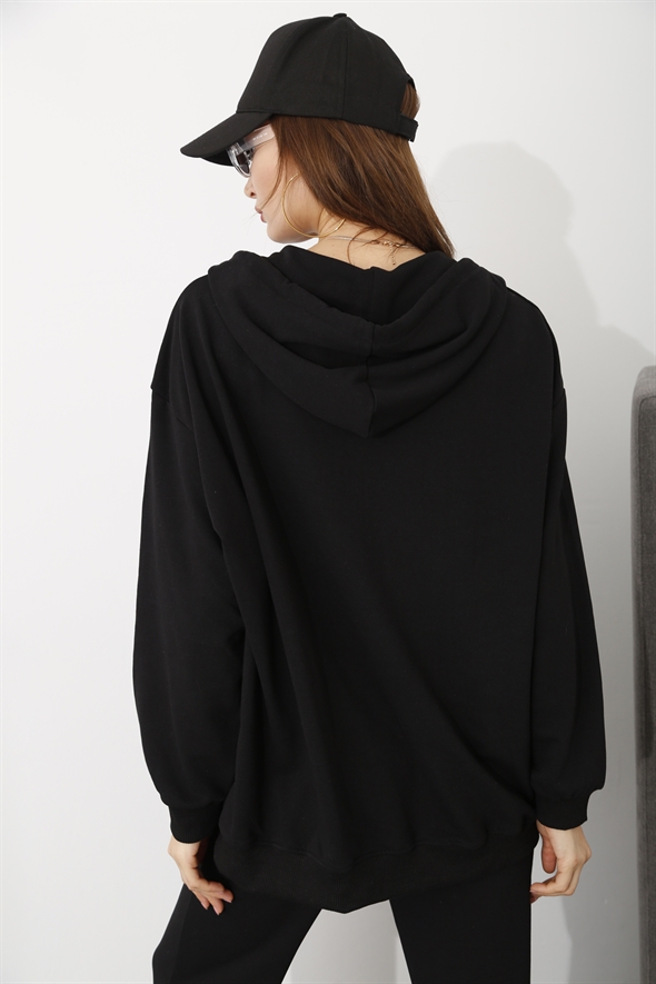 Siyah Fermuarlı Oversize Sweatshirt 14106