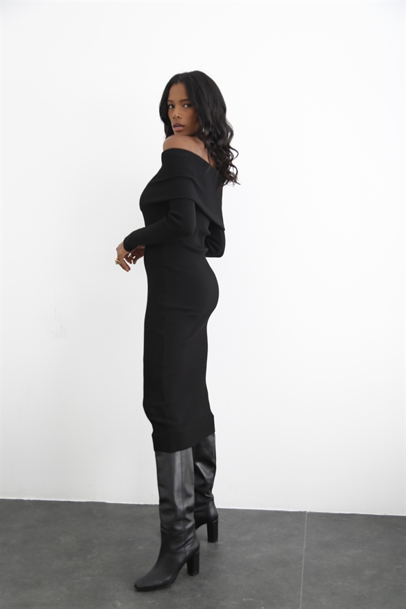 Siyah Fitilli Balıkçı Triko Elbise 2150