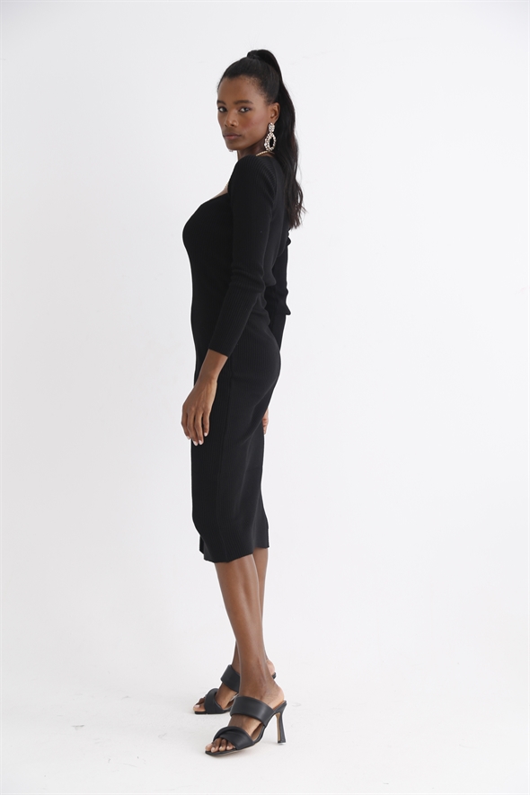 Siyah Geniş Yaka Fitilli Triko Elbise 2145
