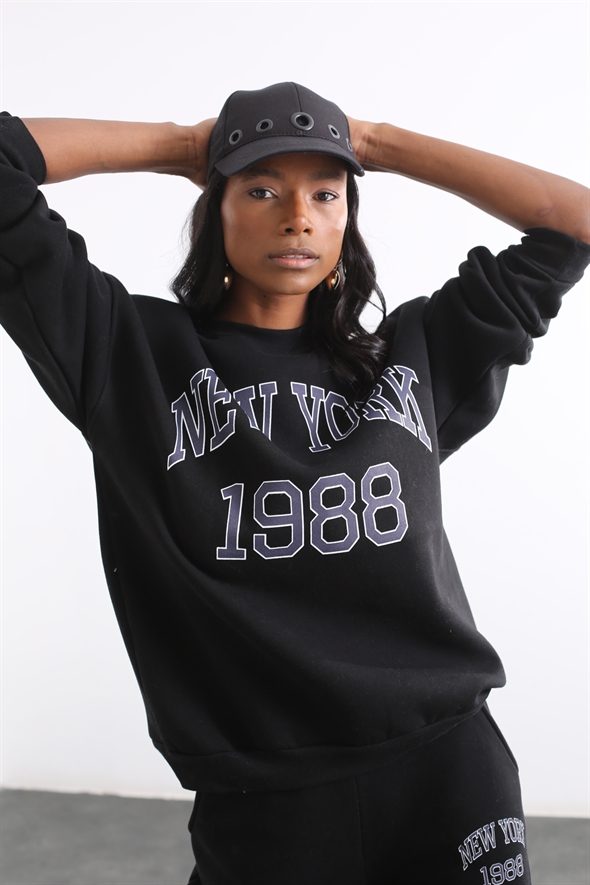 Siyah Newyork Baskılı Sweatshirt Takım 3846