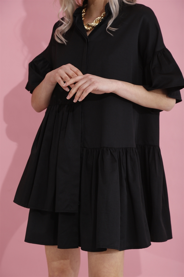 Siyah Volanlı Parçalı Elbise 28551