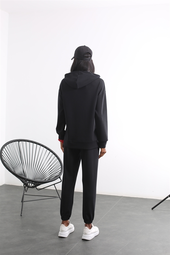 Siyah Yanı Yırtmaçlı Modal Sweatshirt Takım 