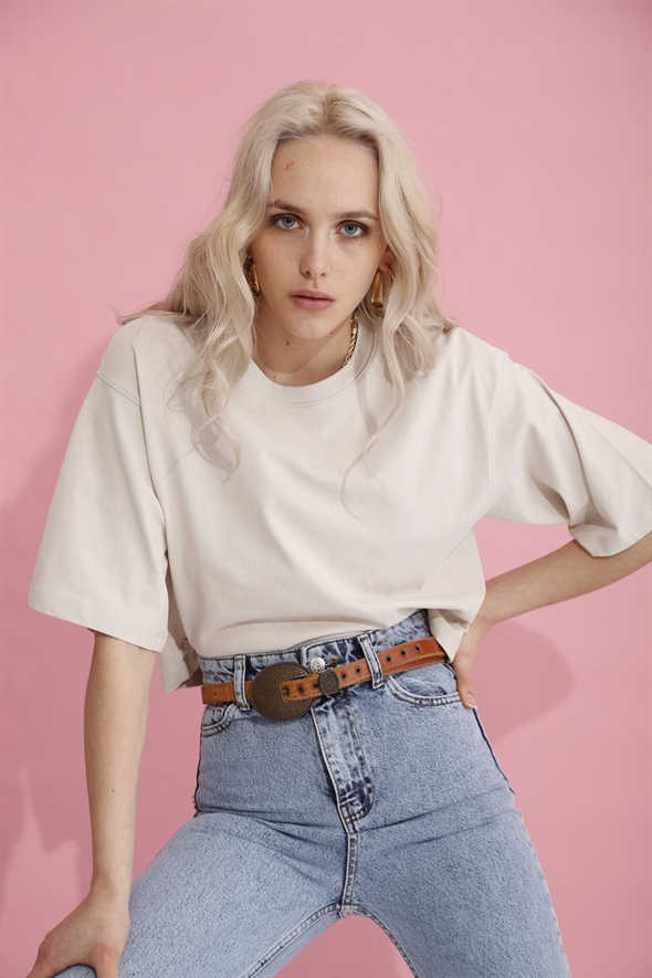 Taş Bisiklet Yaka Crop Tshirt 