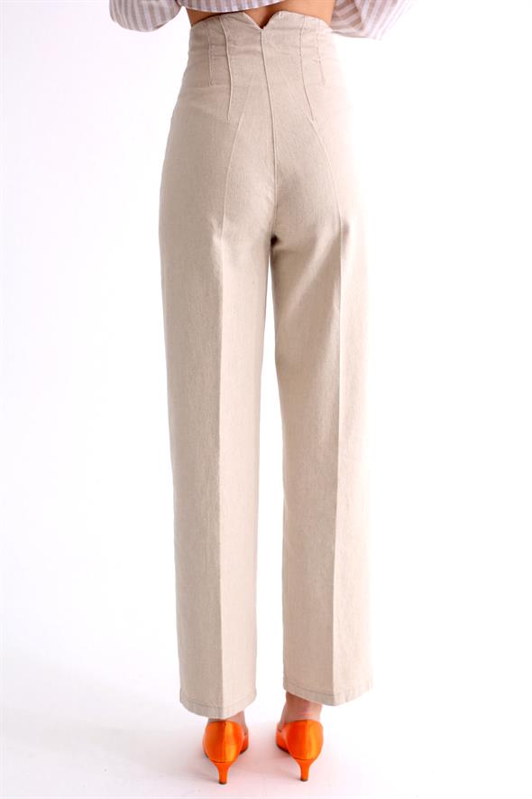 Taş Ultra Yüksek Bel Önü Flatolu Keten Pantolon 