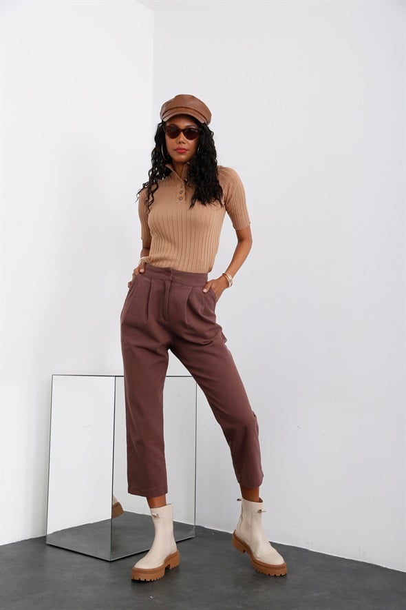 Acı Kahve Pile Detaylı Gabardin Pantolon 0118