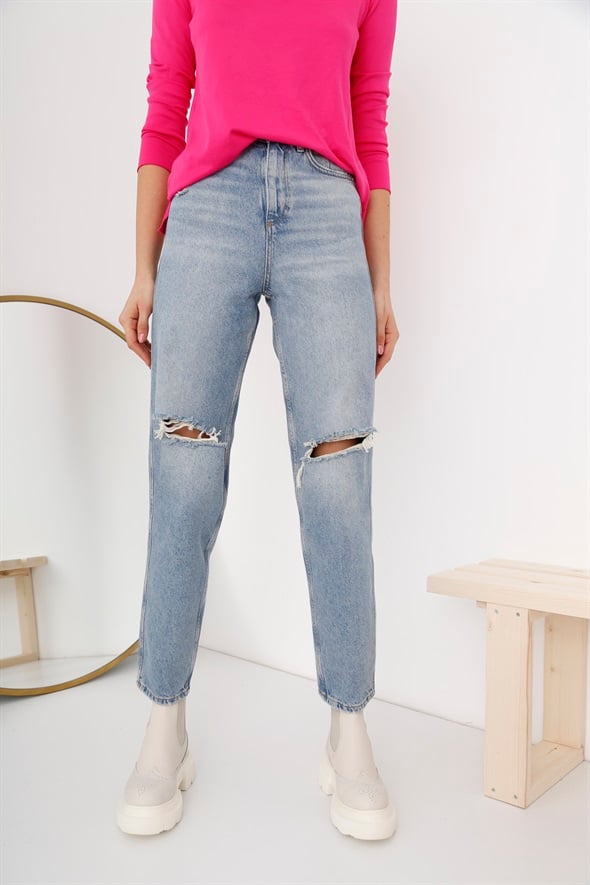 Açık Mavi Yüksek Bel Yırtıklı Straight Fit Jean 