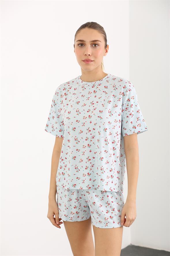 Bebe Mavi Çiçek Desenli Şortlu Pijama Takım 