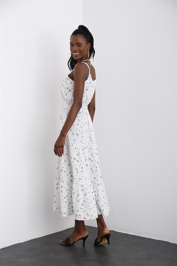 Beyaz Beli Lastikli Çiçekli Elbise 25203