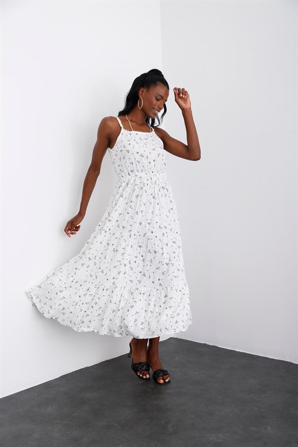 Beyaz Beli Lastikli Çiçekli Elbise 25203