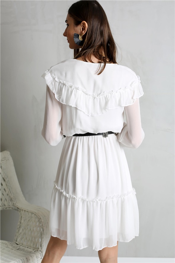 Beyaz Katlı Fırfırlı Mini Elbise 7223