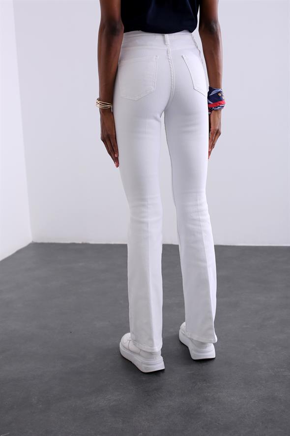 Beyaz Ultra Yüksek Bel İspanyol Paça Jean 