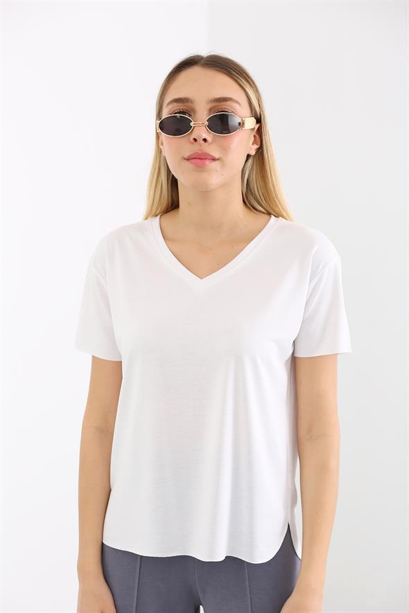 Beyaz V Yaka Modal Tshirt 