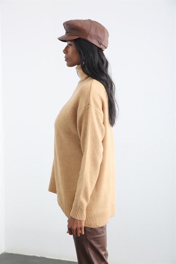 Camel Balıkçı Yaka Önü Oval Kazak 210216