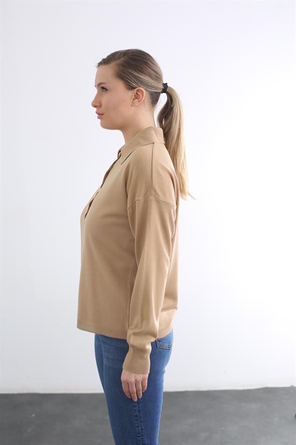 Camel Gold Düğmeli Polo Yaka Kazak 05100