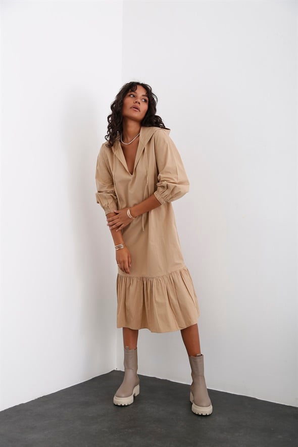 Camel Kapüşonlu Poplin Elbise 