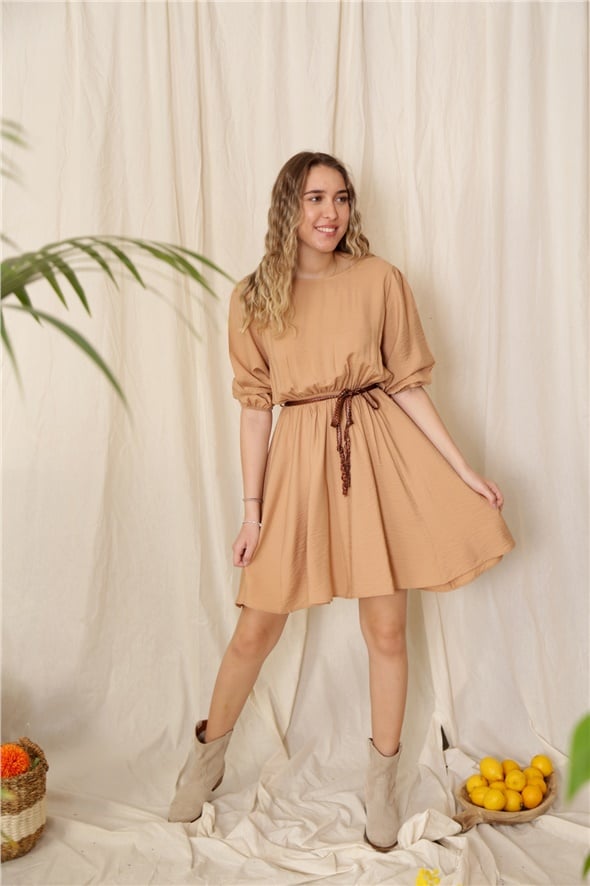 Camel Kemer Detaylı Beli Lastikli Elbise 