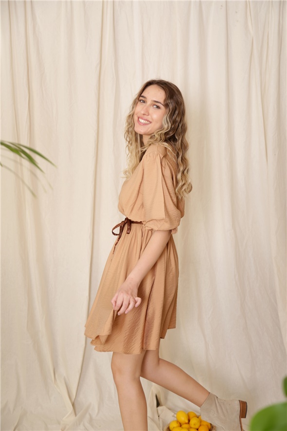 Camel Kemer Detaylı Beli Lastikli Elbise 