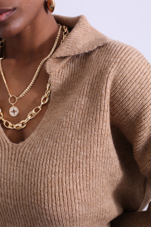 Camel Polo Yaka Kısa Kazak 3062