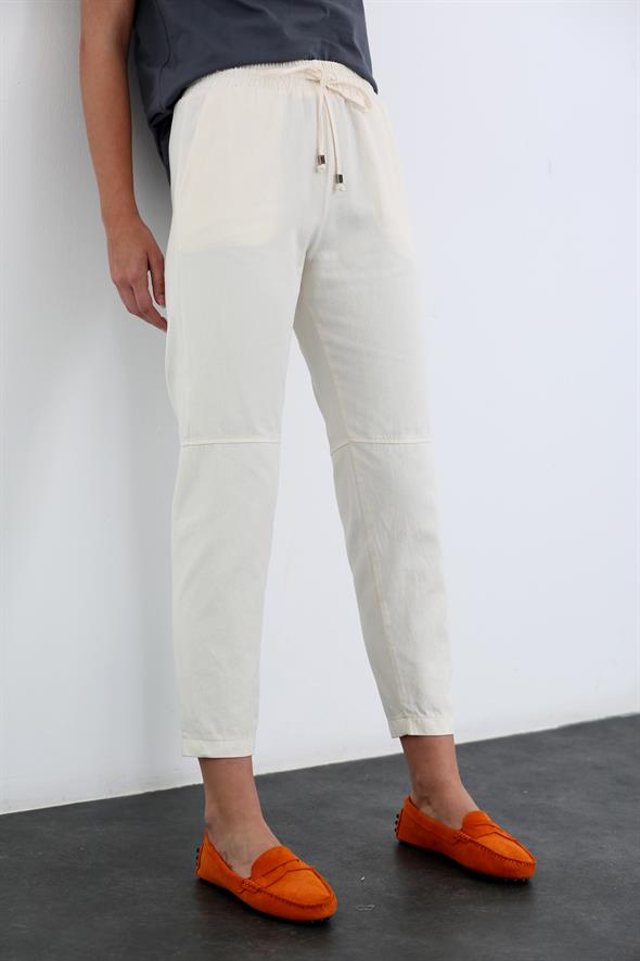Ekru Beli Lastikli Havuç Pantolon 23085