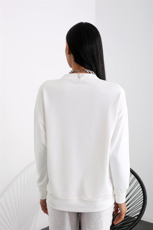 Ekru Bisiklet Yaka Sweatshirt 