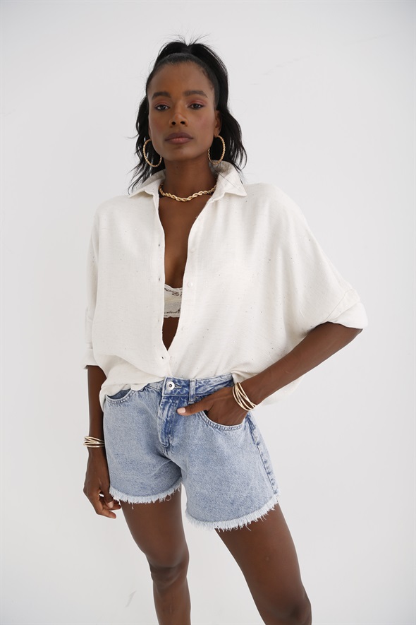 Ekru Pul Nakışlı Oversize Gömlek 31744