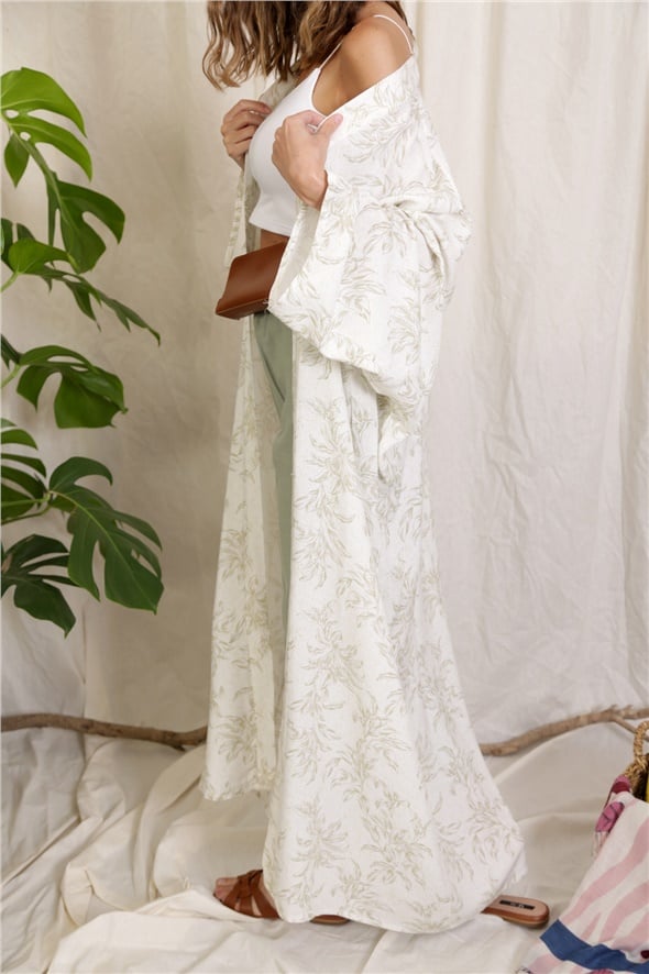 Ekru Yaprak Desenli Kimono 
