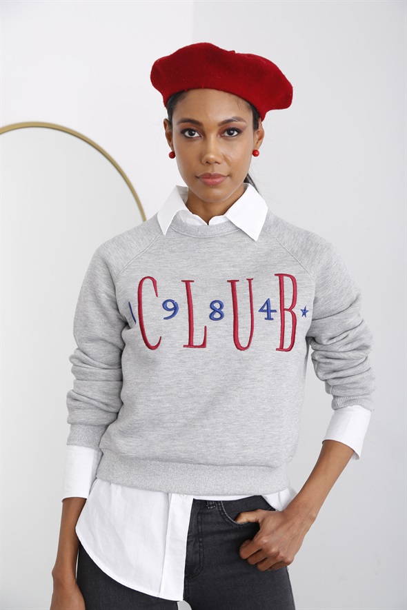 Gri Melanj Nakışlı Şardonlu Sweatshirt 