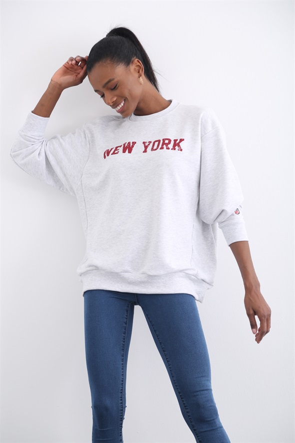 Gri New York Baskılı Sweatshirt 