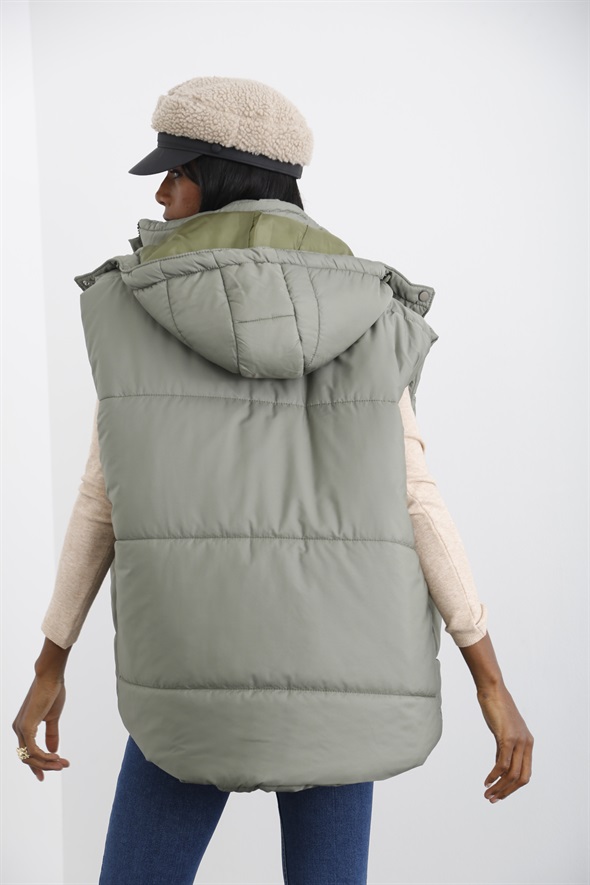 Haki Kapüşonlu Oversize Şişme Yelek 59004