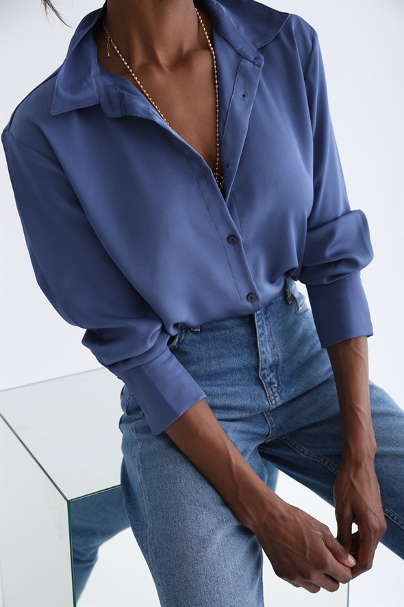 indigo Oversize Saten Gömlek 0415