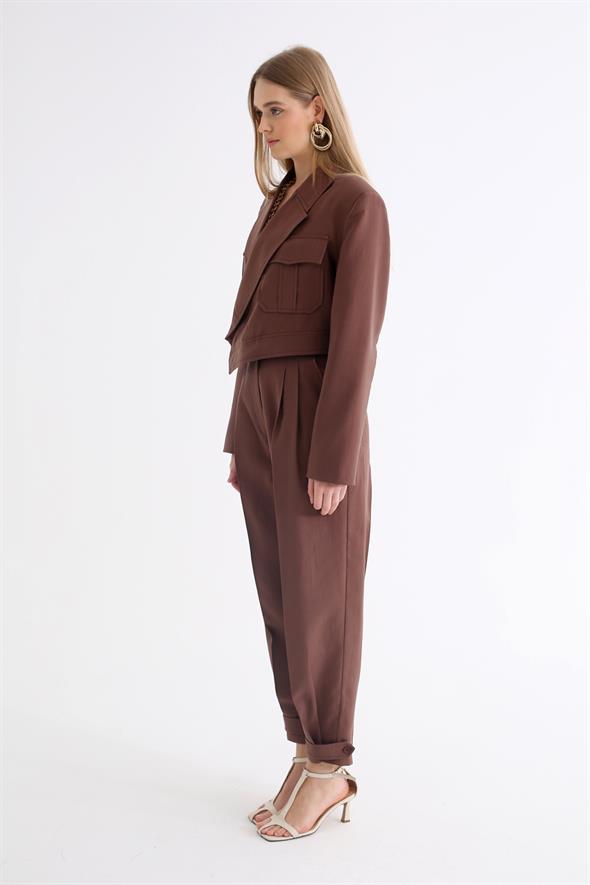 Kahverengi Crop Ceket Pantolon Takım 5277-1297