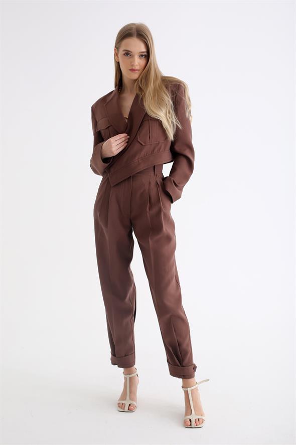Kahverengi Crop Ceket Pantolon Takım 5277-1297