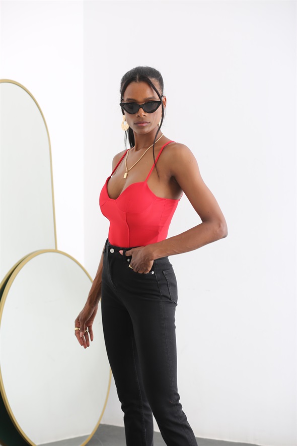 Kırmızı Ayarlanabilir Askılı Bodysuit 23091