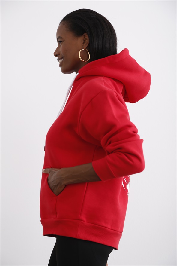 Kırmızı Kapüşonlu Şardonlu Sweatshirt 