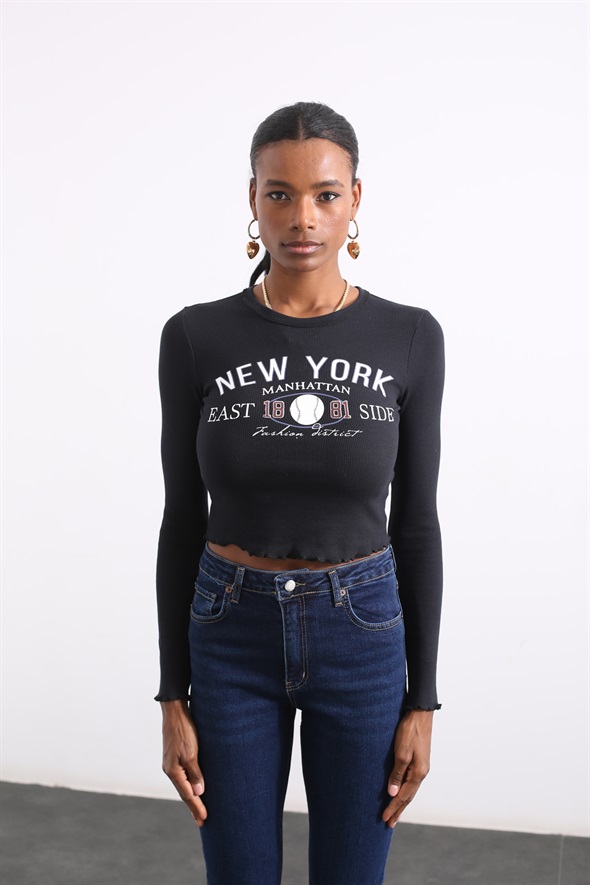 Koyu Lacivert New York Baskılı Bluz 