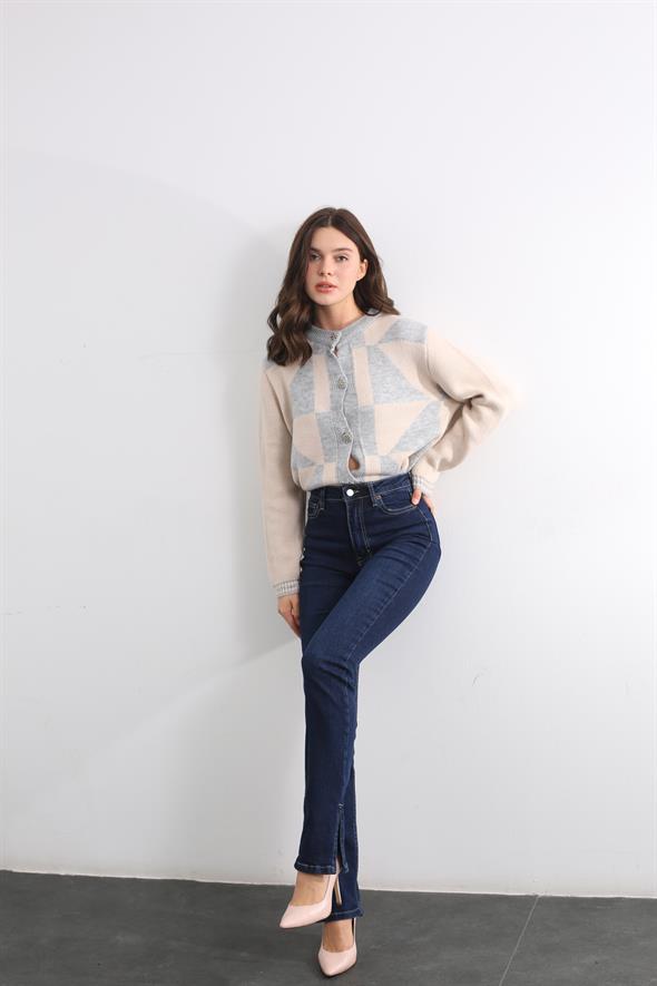 Koyu Lacivert Ultra Yüksek Bel Paçası Yırtmaçlı Jean 