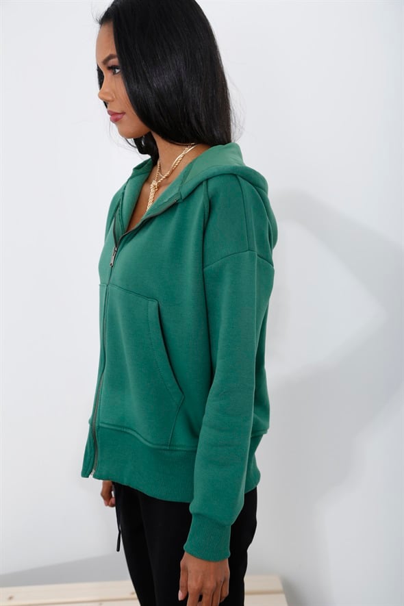 Koyu Yeşil Fermuarlı Şardonlu Sweatshirt 0086