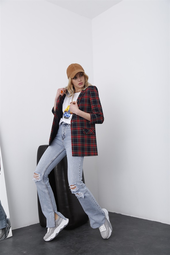 Lacivert Ekoseli Blazer Ceket 4176