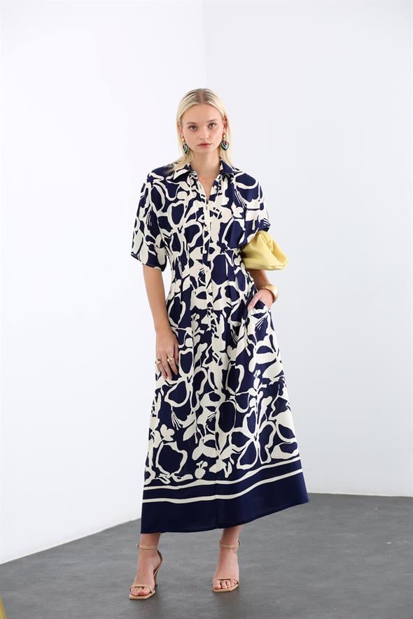 Lacivert Maxi Boy Desenli Elbise 29652