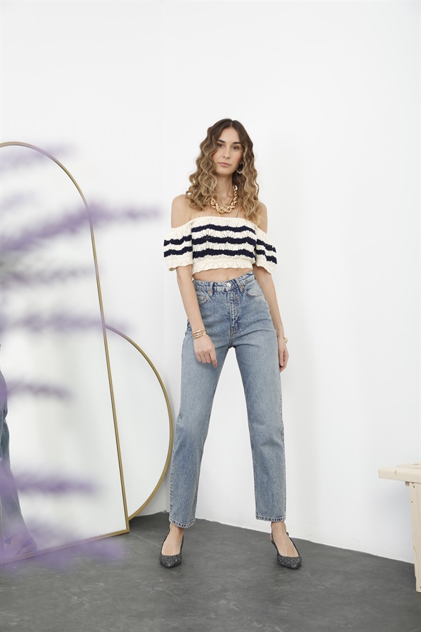 Lacivert Off Shoulder Crop 4011