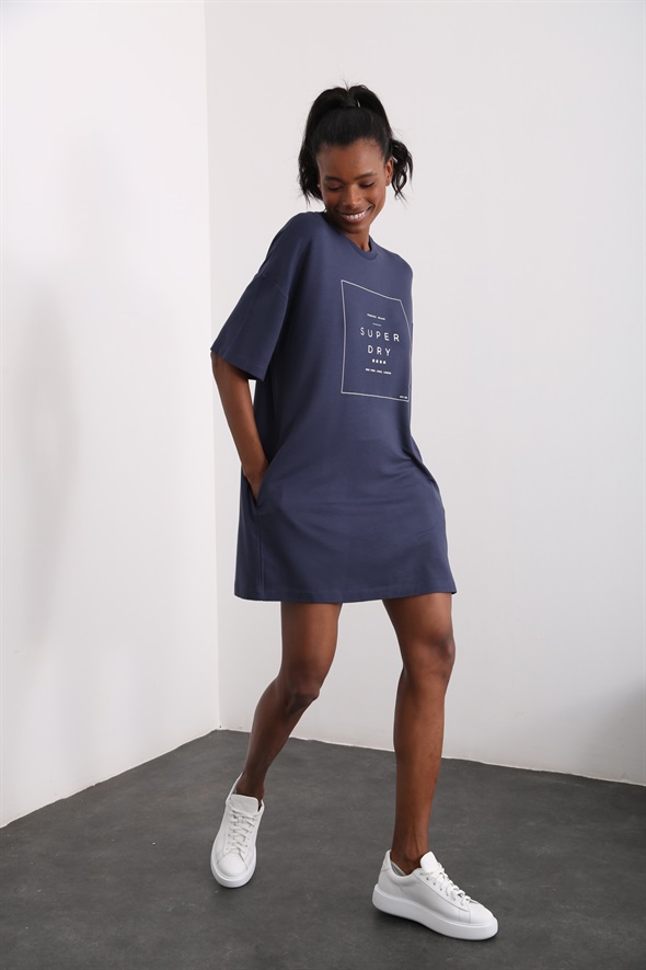 Lacivert Oversize Mini Elbise 