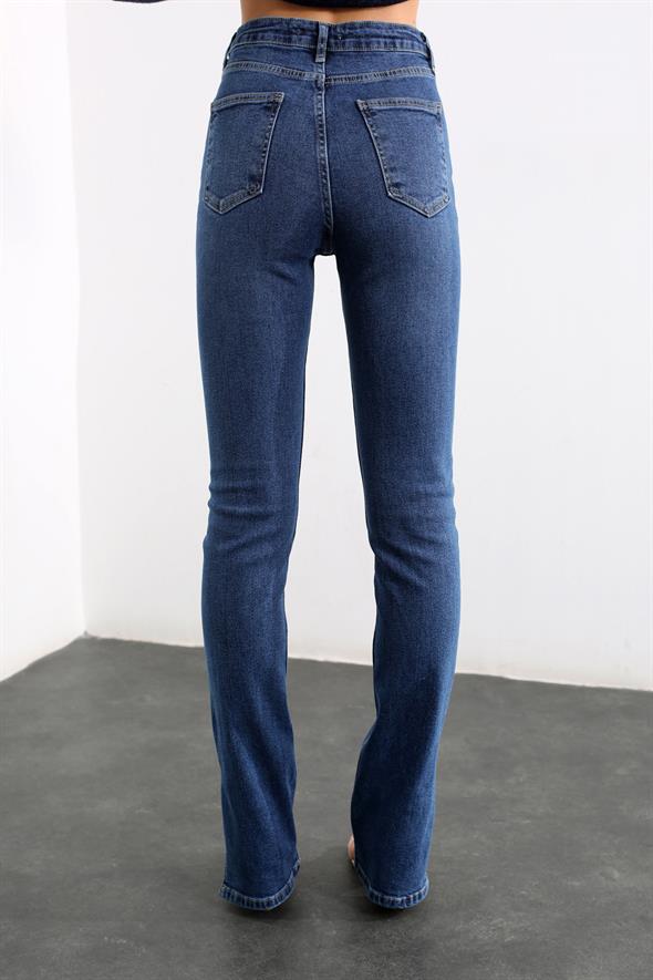 Lacivert Ultra Yüksek Bel Paçası Yırtmaçlı Jean 