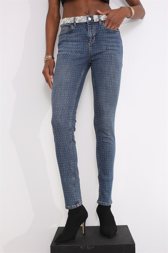 Lacivert Yüksek Bel İnci Detaylı Slim Fit Jean 