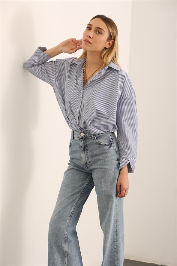 Mavi Kalın Çizgili Oversize Gömlek 2297