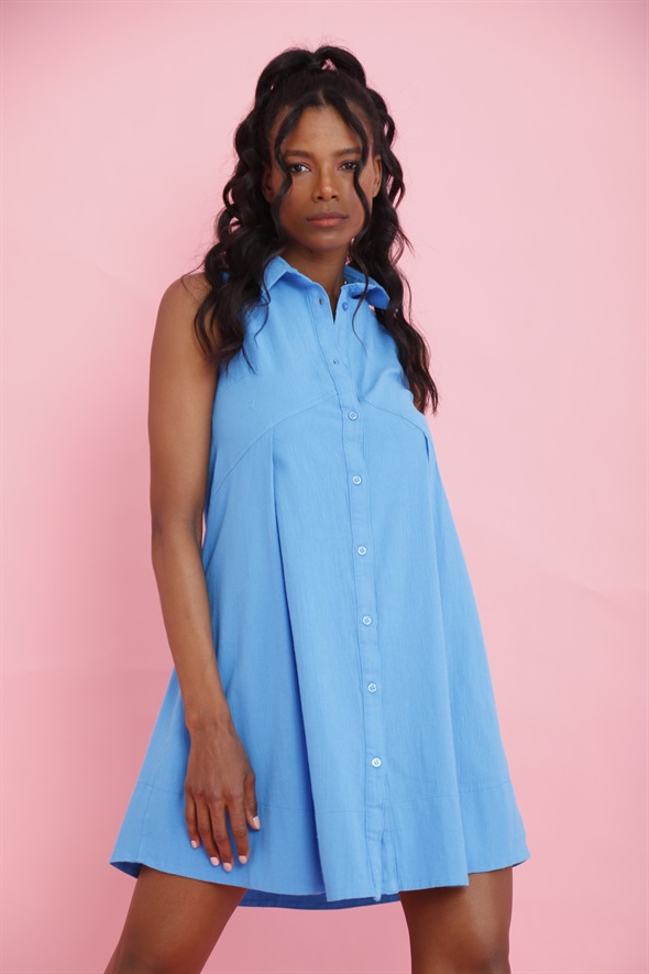 Mavi Kolsuz Gömlek Elbise 4104