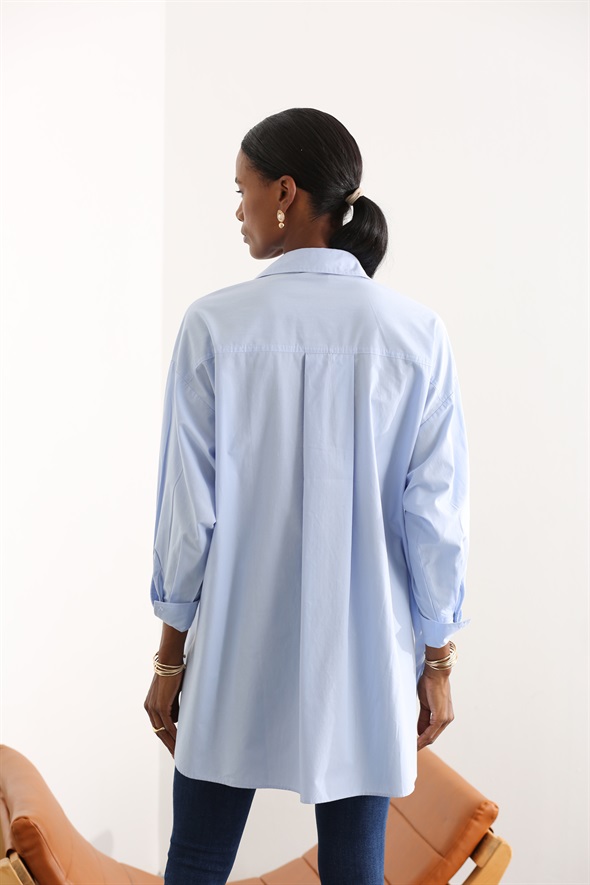 Mavi Kontrast Dikişli Oversize Gömlek 8005
