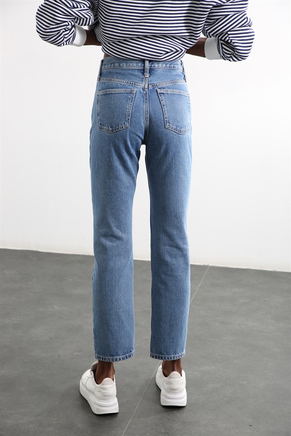 Mavi Ultra Yüksek Bel Boru Paça Jean 