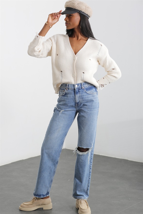 Mavi Yırtık Detay Wide Leg Jean 40